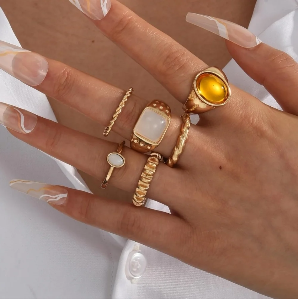 Gold Tone Mixed Stone Stackable Rings - White & Amber Accents 6 Pc Women's Acces